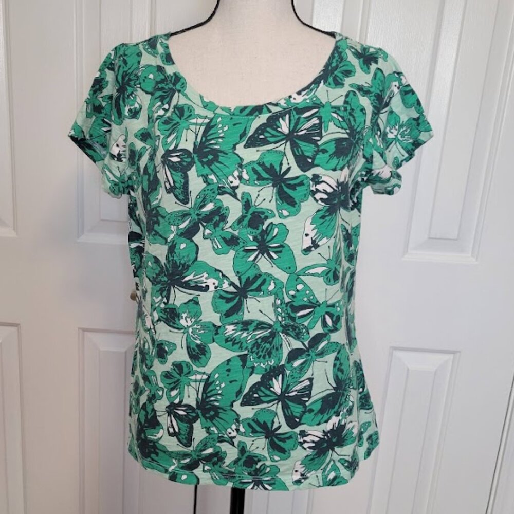 Lands’ End Green Butterfly Cotton Tee Medium Petite 10–12